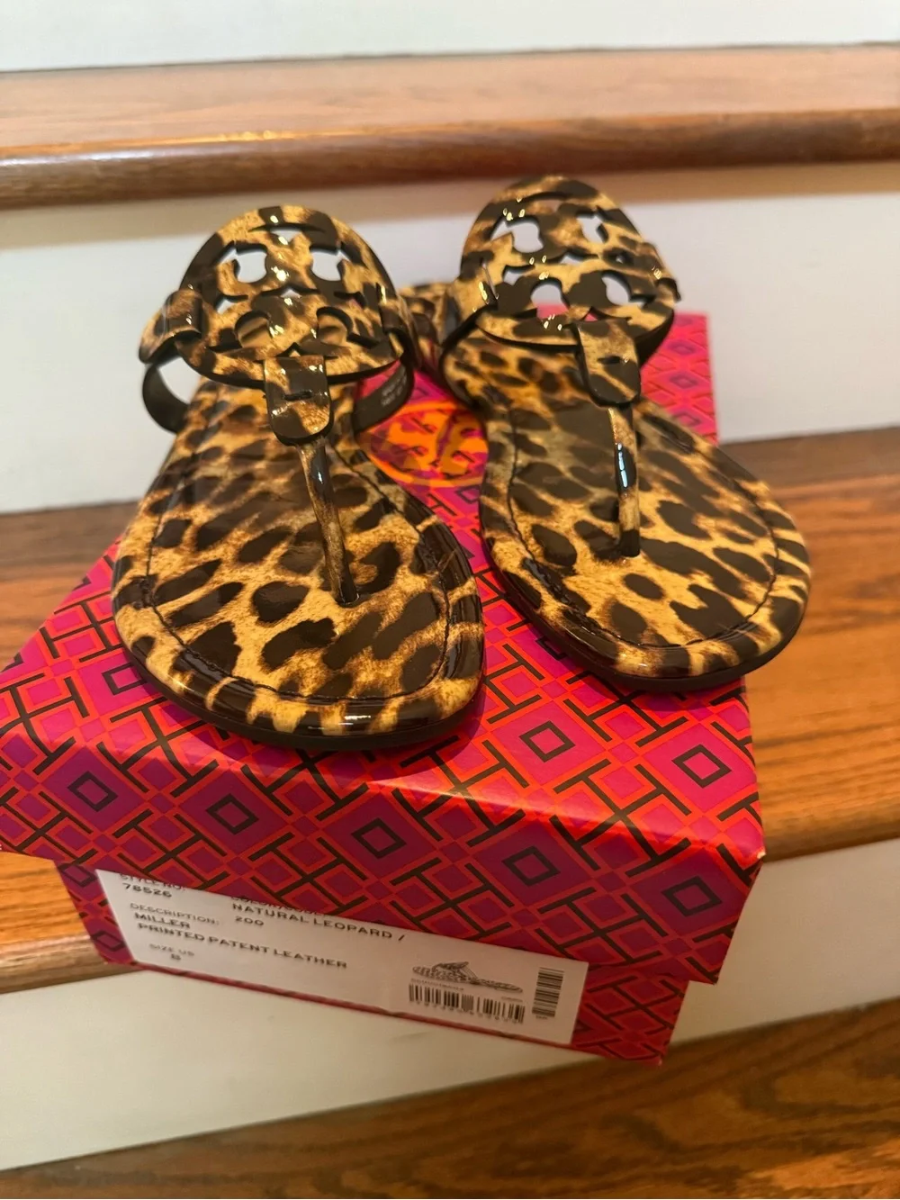 NIB Tory Burch Leopard Print Patent Miller Sandals Brown & Black Size 8